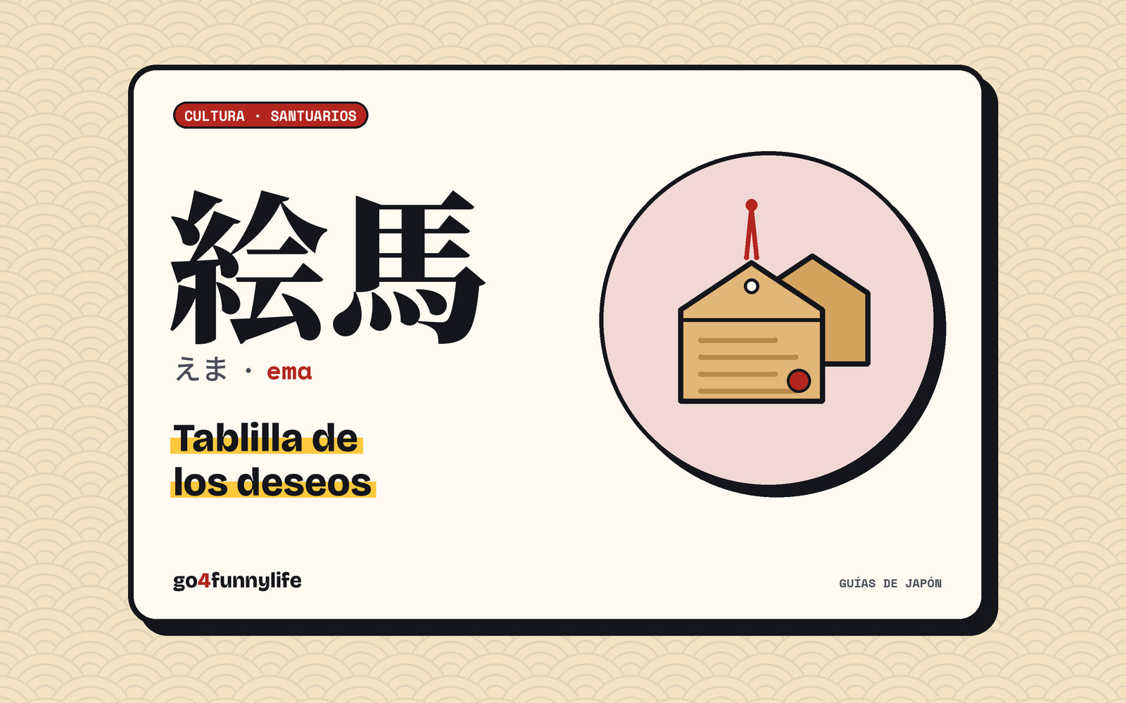 Ilustración: 絵馬 (ema), tablillas de madera con cordón rojo para escribir deseos