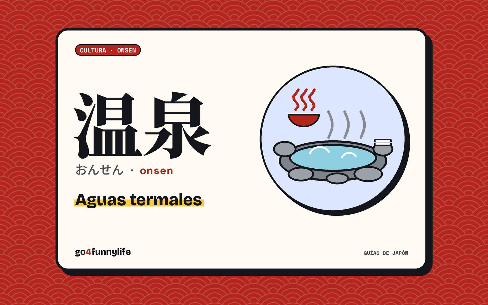 Ilustración: 温泉 (onsen), baño exterior de rocas con vapor y el símbolo ♨