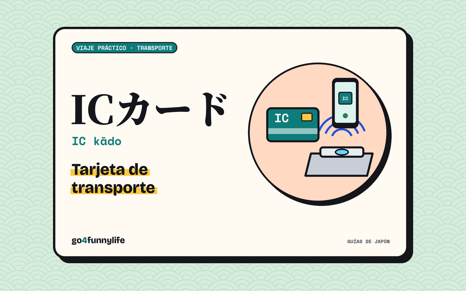 Ilustración: ICカード (IC kādo), tarjeta de transporte y móvil junto al lector de un torno